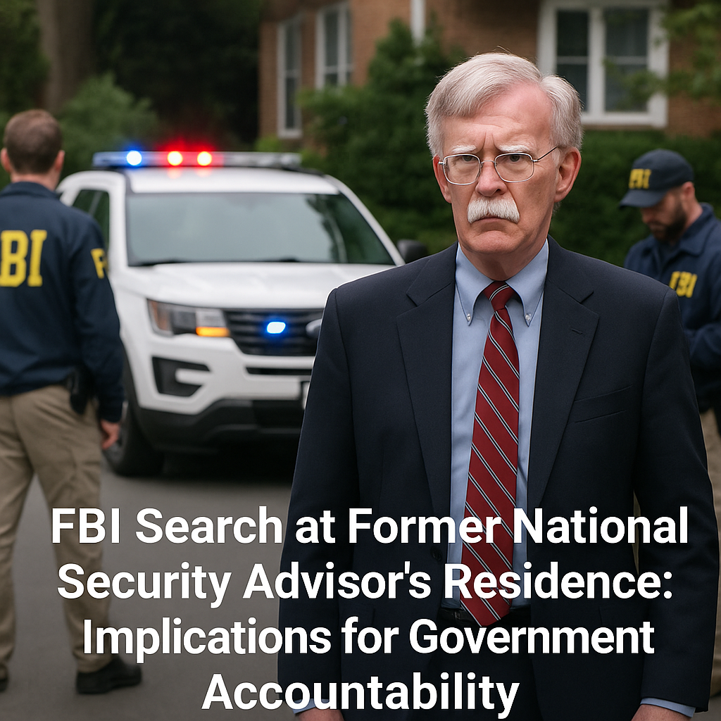 John Bolton outside his residence as FBI agents and police vehicles conduct a search under federal warrant.